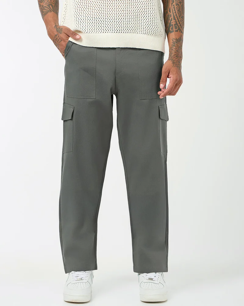 bewakoof Men's Grey Straight Fit Cargo Pants